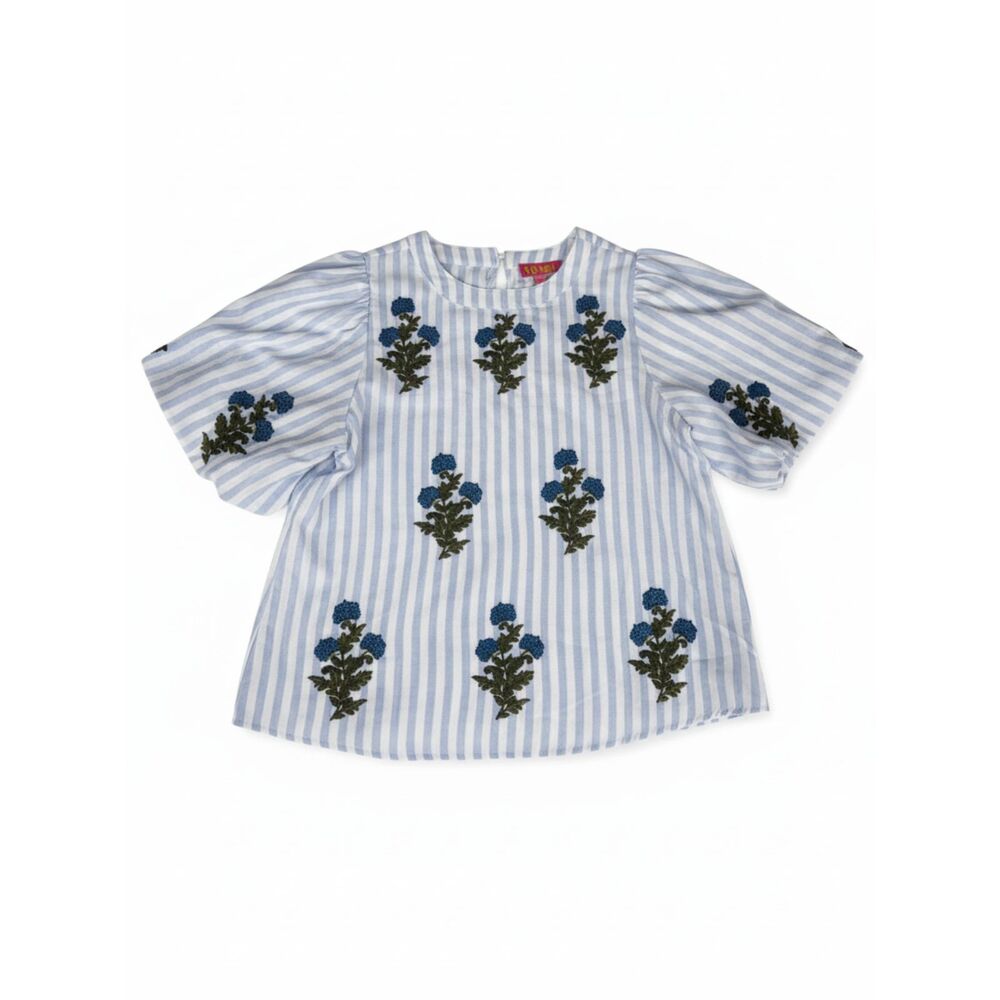 THML Blue White Striped Floral Embroidered Puff Sleeve Top Blouse Small Coastal